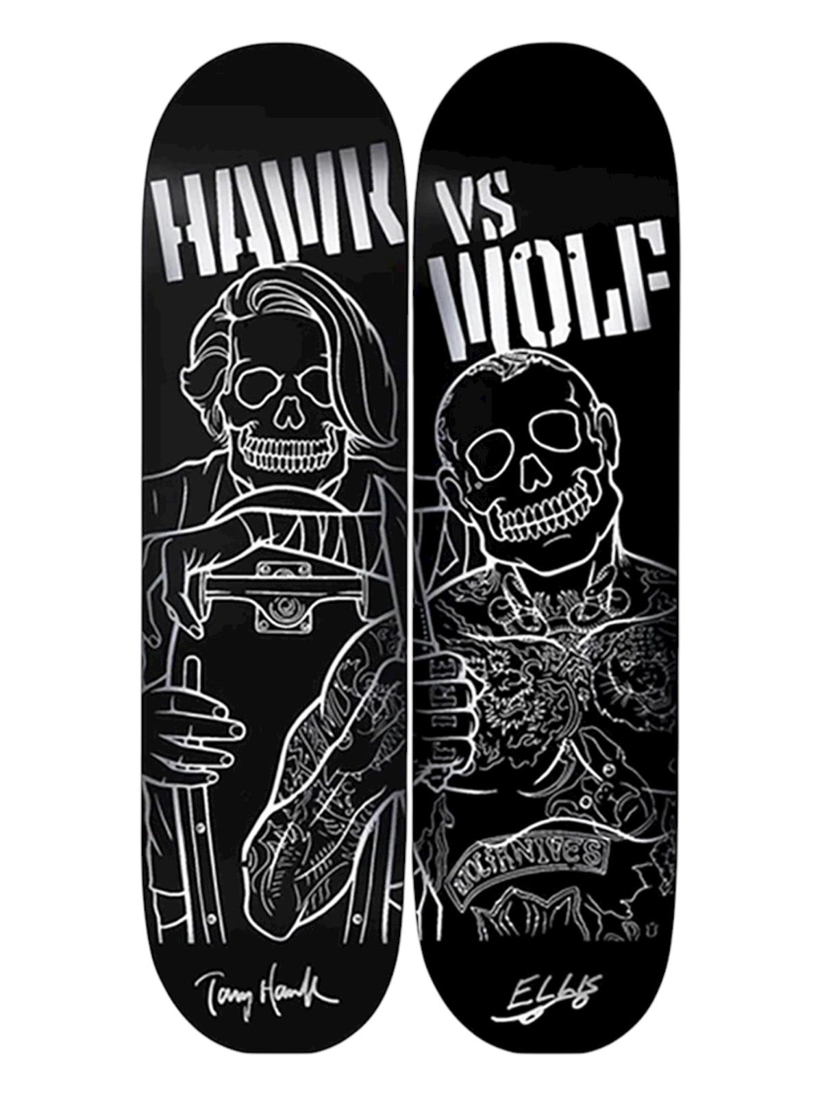 - Hawk vs Wolf - Diptych -Signed skateboard Deck Pair 8.125"